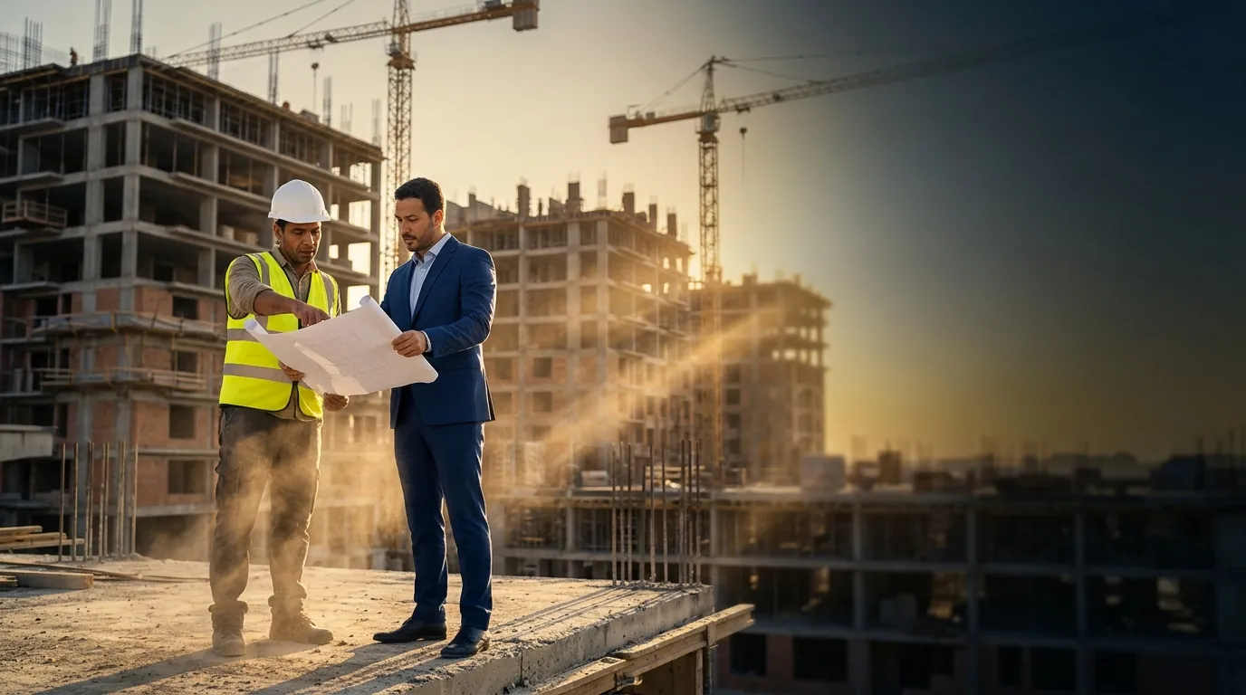 مهندس ومطور يراجعان المخطط في موقع إنشاء